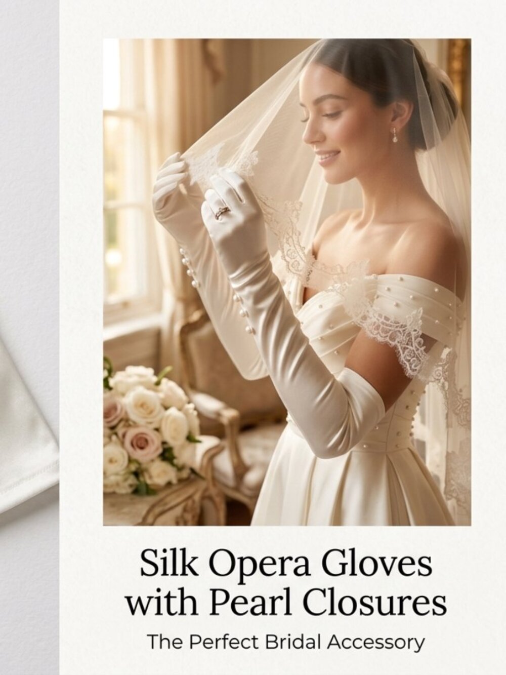White Silk Opera Gloves with Pearl Closures